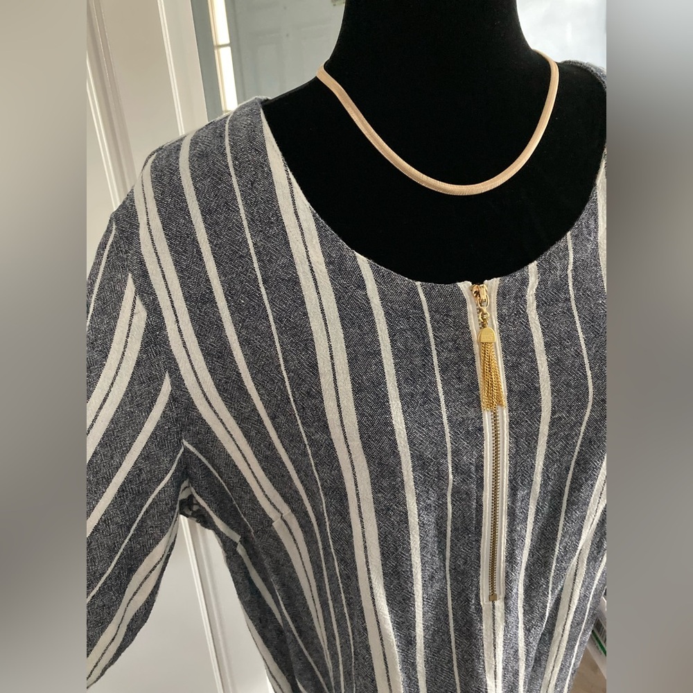 Linen Ellen Tracy PopOver Tunic Top Blouse Chambray Stripe Large Resortwear